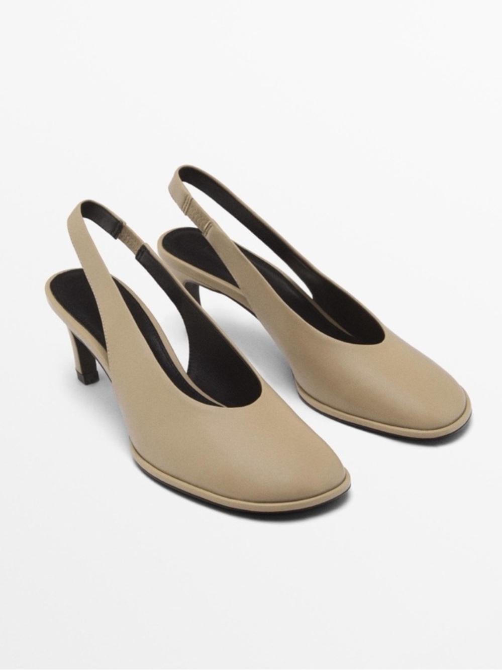 Massimo Dutti Taupe Leather Kitten Heel Slingback Shoes Size 38